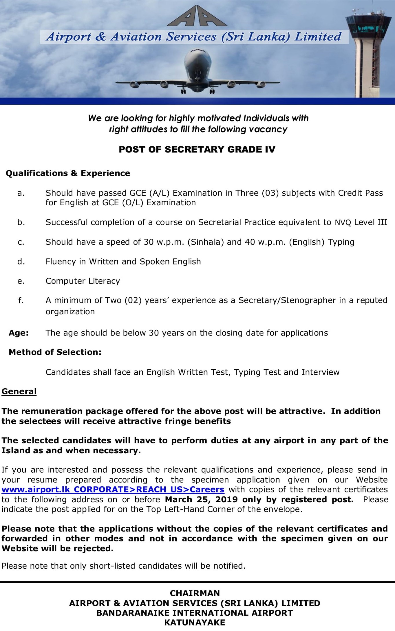 Store Keeper, Secretary - Airport & Aviation Services (Sri Lanka) Ltd